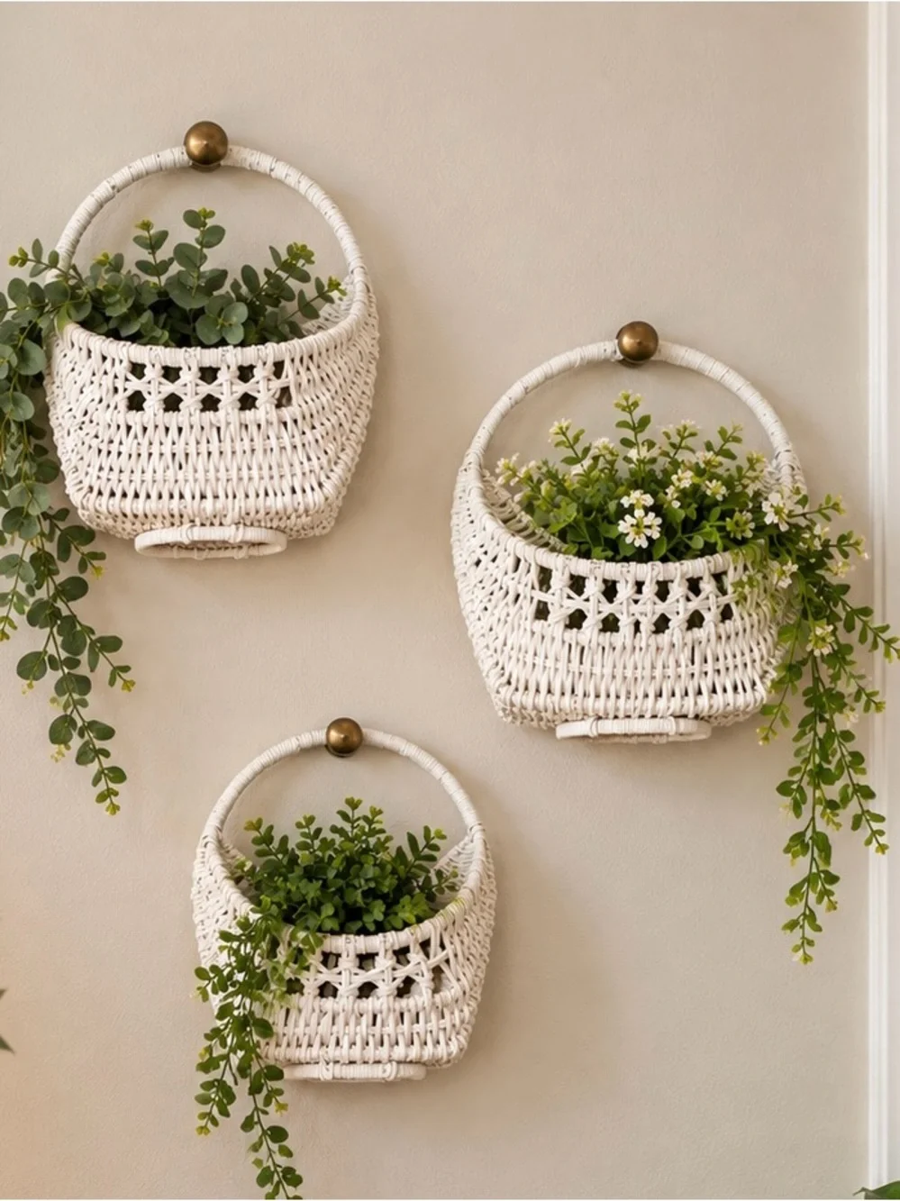 Vintage White Wicker Wall Pocket Baskets Set of 3 Cottagecore Boho Decor